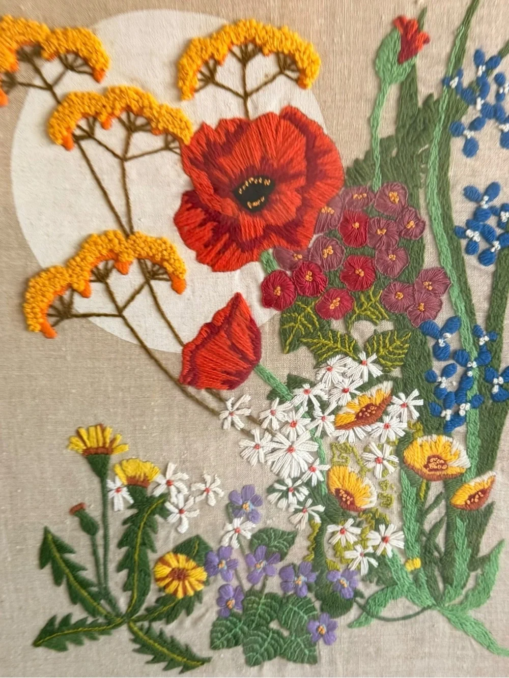Vintage Crewel Embroidery Flowers Glass Framed Wall Art